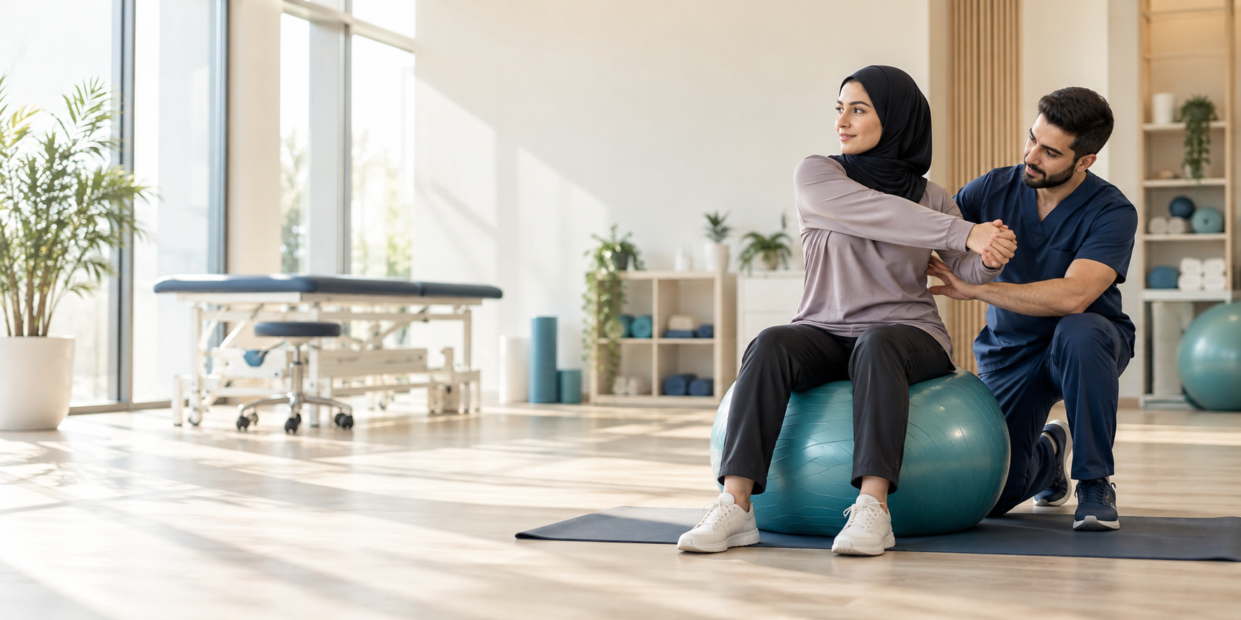 Physiotherapist guiding a patient through a seated mobility exercise